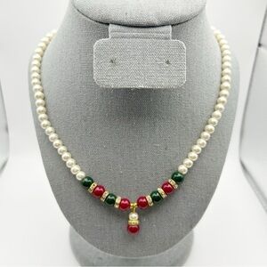 Vintage Classic White, Red & Green Faux Pearl Drop Necklace Rhinestones 18"